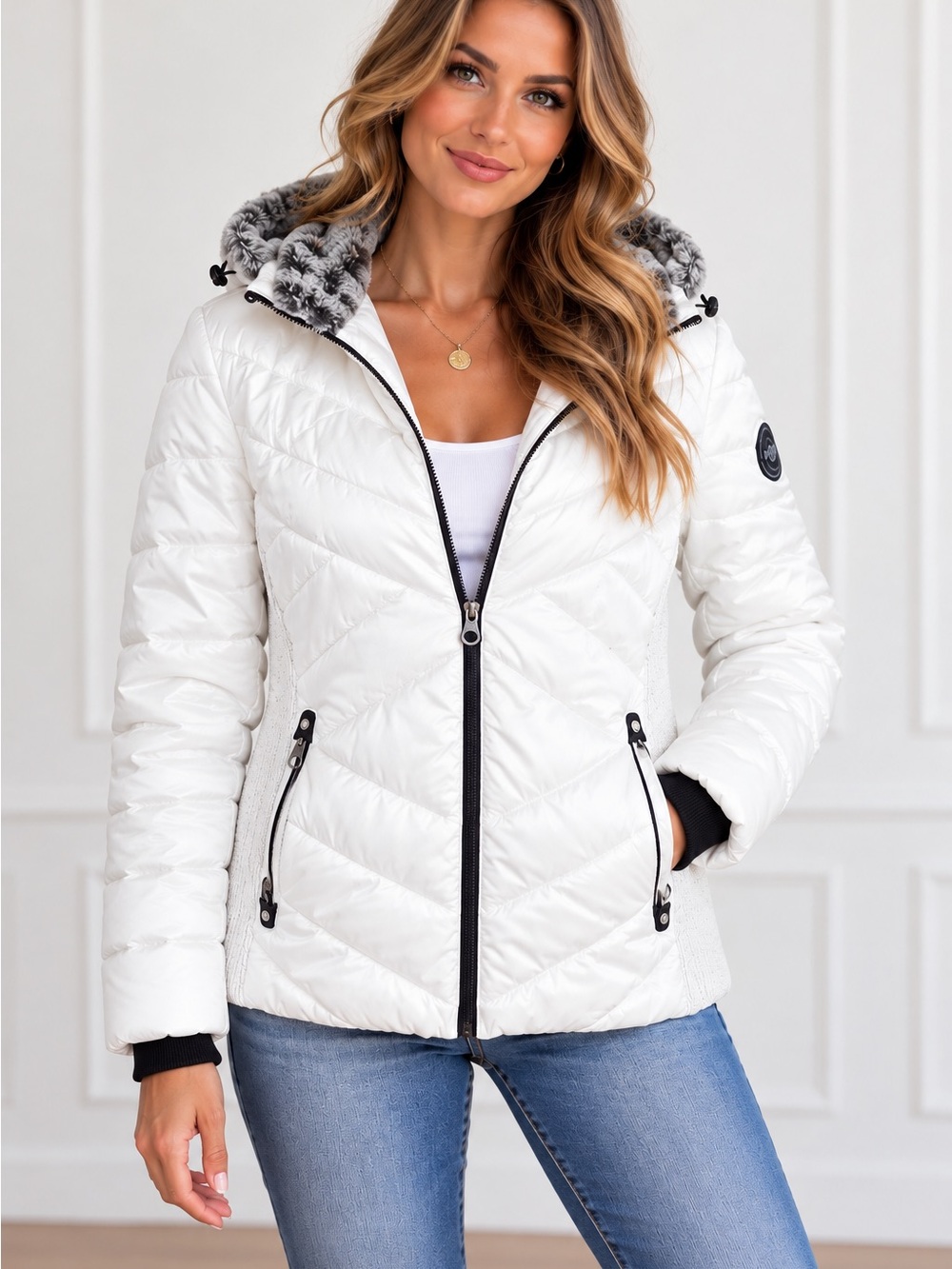 Nautica White Quilted Hooded Puffer Jacket Coat w faux fur - water resistant XL
